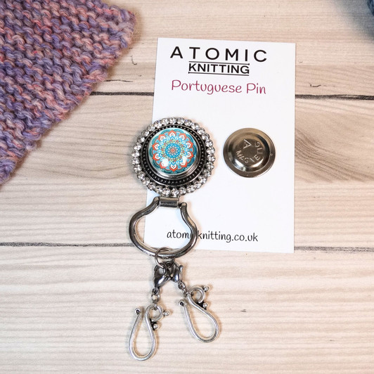 Teal/Orange Mandala Magnetic Portuguese Knitting Pin - Detachable Double Hook