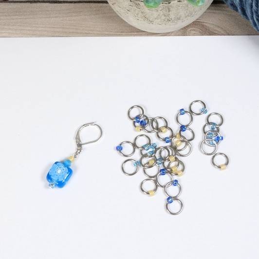 Aqua/Blue/Yellow Mix Jewel Stitch Markers For Knitting x 30 (Tiny Bead) 1 Progress Marker