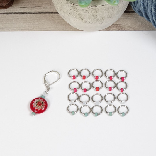 Red/Green/Opal Mix Jewel Stitch Markers For Knitting x 20 (Tiny Bead) 1 Progress Marker