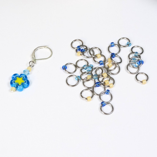 Daisy and Aqua/Blue/Yellow Mix Jewel Stitch Markers For Knitting x 30 (Tiny Bead) 1 Progress Marker