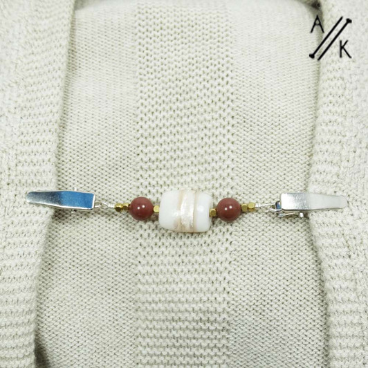 Handmade beaded cardigan and shawl clip made with high-quality gemstones and a ceramic stone, measuring 12cm long including clips.