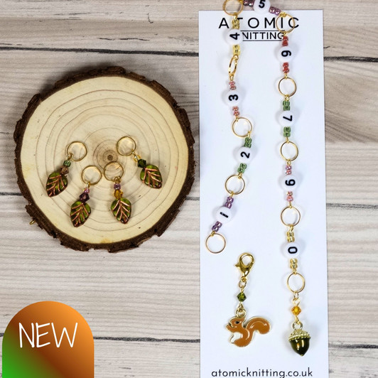 Squirrel & Green Acorn Row Counter Chain plus 4 Leaf Stitch Markers