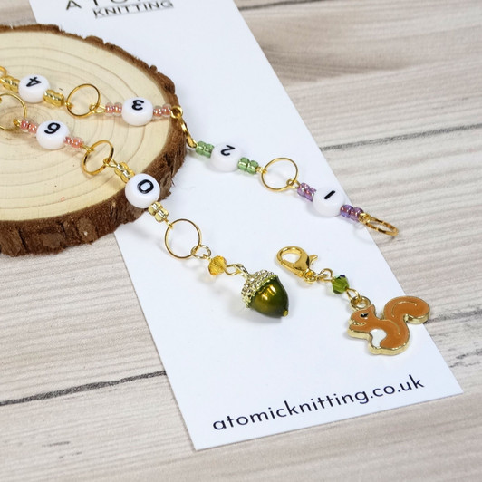 Squirrel & Green Acorn Row Counter Chain plus 4 Leaf Stitch Markers