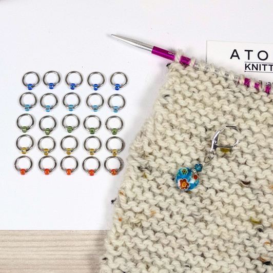 Millefiori Heart Stitch Marker & Jewel Stitch Markers For Knitting x 25 (Tiny Bead) + 1 Progress Marker