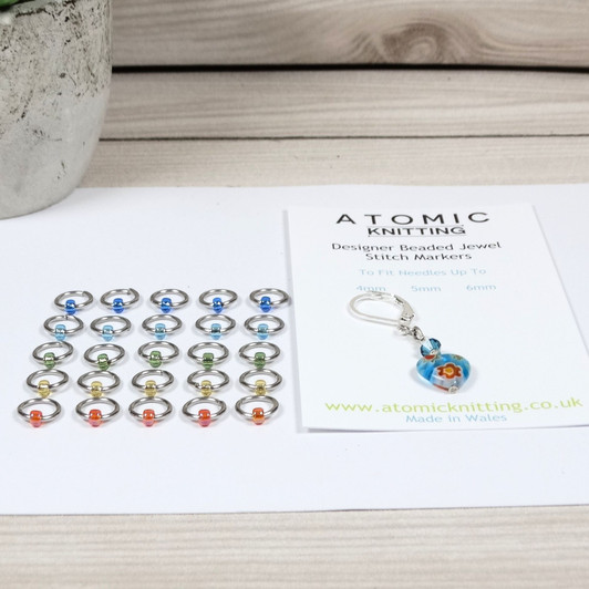 Millefiori Heart Stitch Marker & Jewel Stitch Markers For Knitting x 25 (Tiny Bead) + 1 Progress Marker