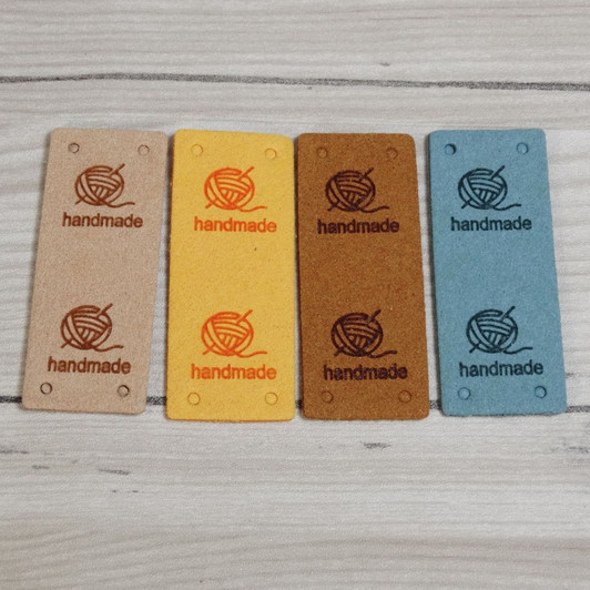 Faux Leather Handmade Labels with ball of yarn | Embossed Sewing Tags | Knitting Crochet Bag Hat Clothing Labels | Set of 4