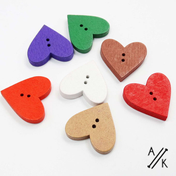 Mixed colour Heart wooden 2 hole Button - 24mm x 23mm - Pack of 20