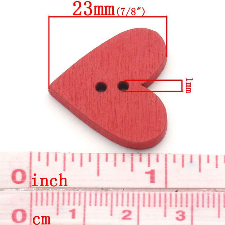 Mixed colour Heart wooden 2 hole Button - 24mm x 23mm - Pack of 20