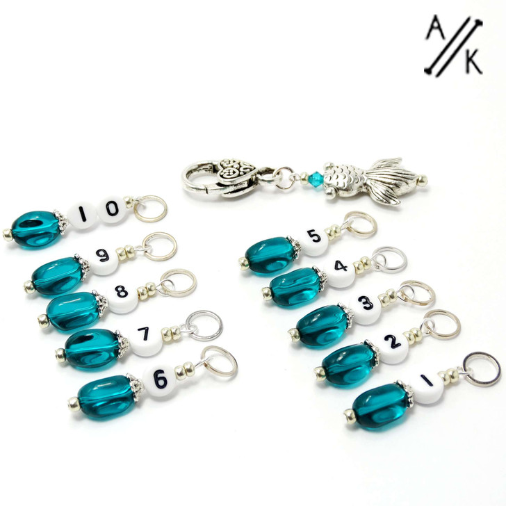 Totally Teal Fish Numbered Counting Stitch Markers set of 10 (1-10)