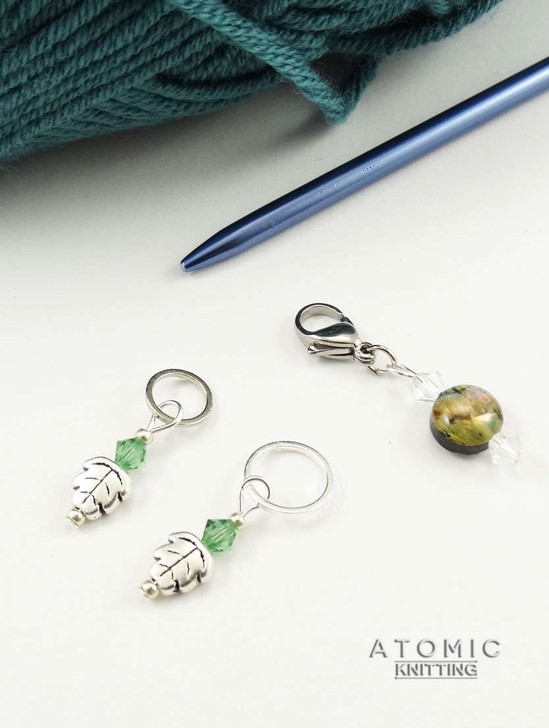 Leaf & paua shell stitch marker TRIOs set