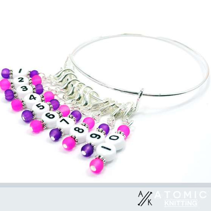 Candy Purple & Pinks Numbered Counting Stitch Markers & Bracelet 1-10 - set of 10