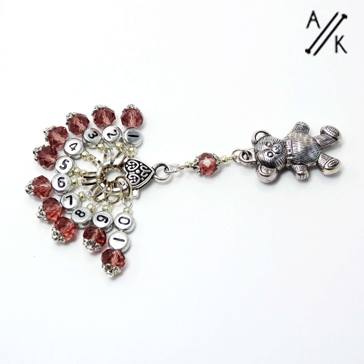 Almost Mauve Numbered Counting Stitch Markers set of 10 with teddy bear holder