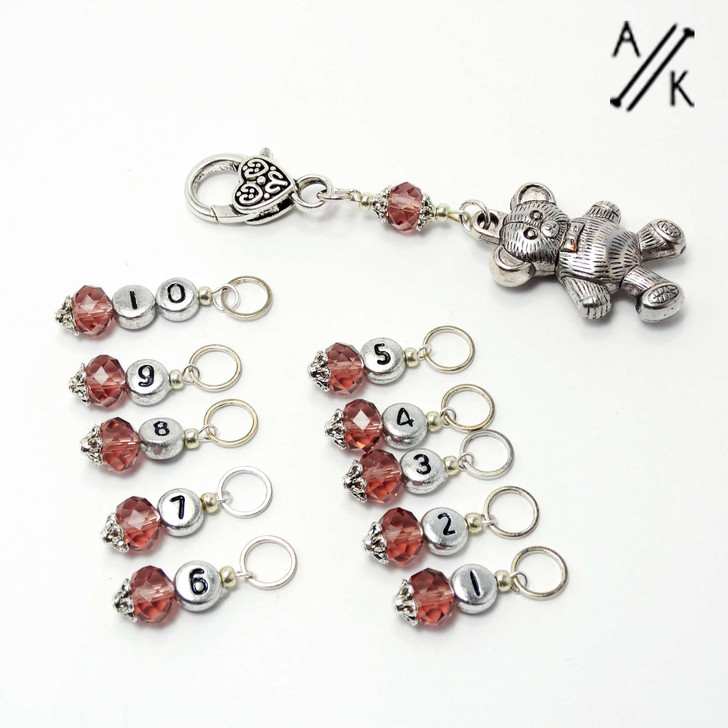 Almost Mauve Numbered Counting Stitch Markers set of 10 with teddy bear holder