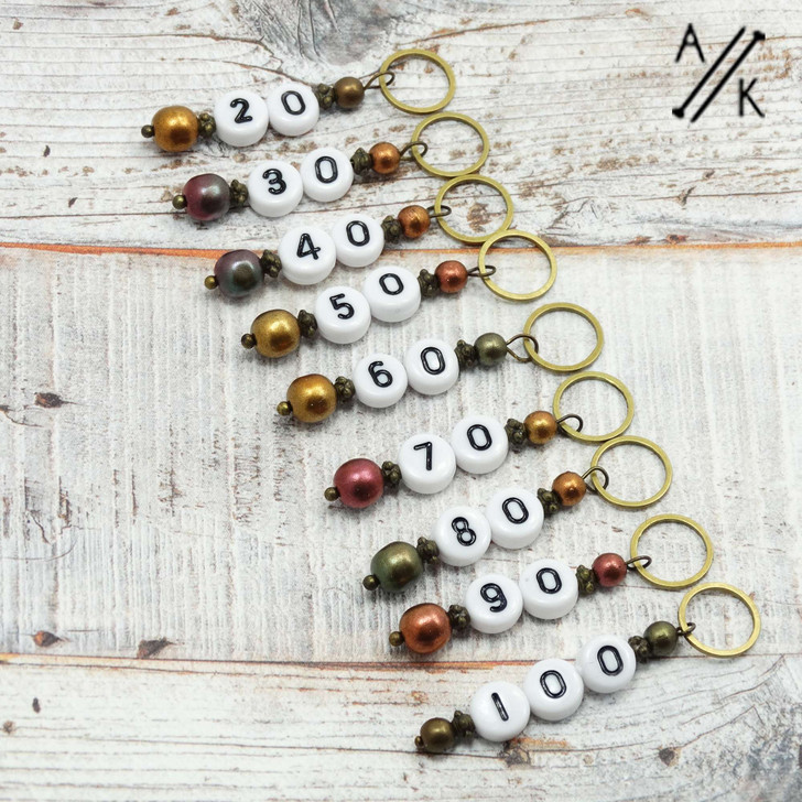 Mixed Copper Numbered Counting Stitch Markers 10-100 (set of 10)