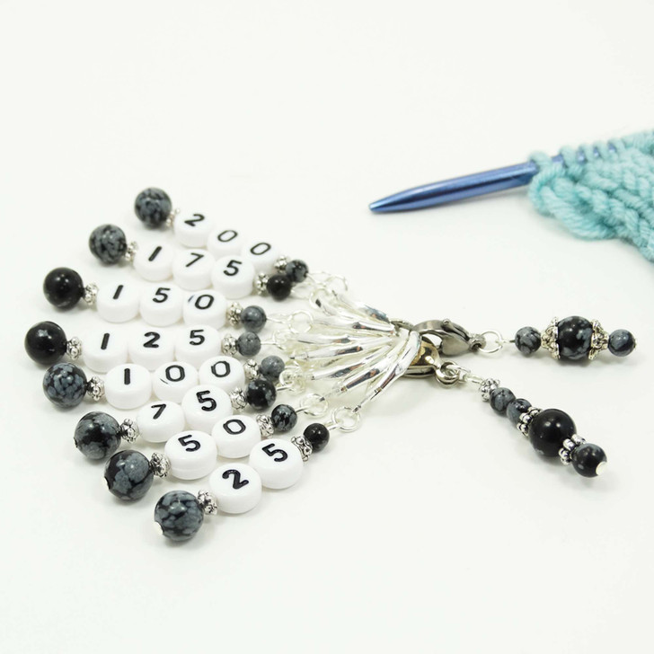 Snowflake Obsidian Gemstone Numbered Counting Stitch Markers 25-200 - set of 8