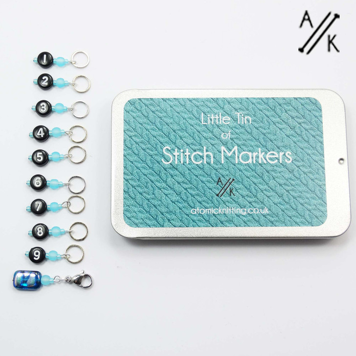 Arctic Teal Numbered Counting Stitch Markers 1-9 & progress marker (set of 10) with Slim Slide Tin