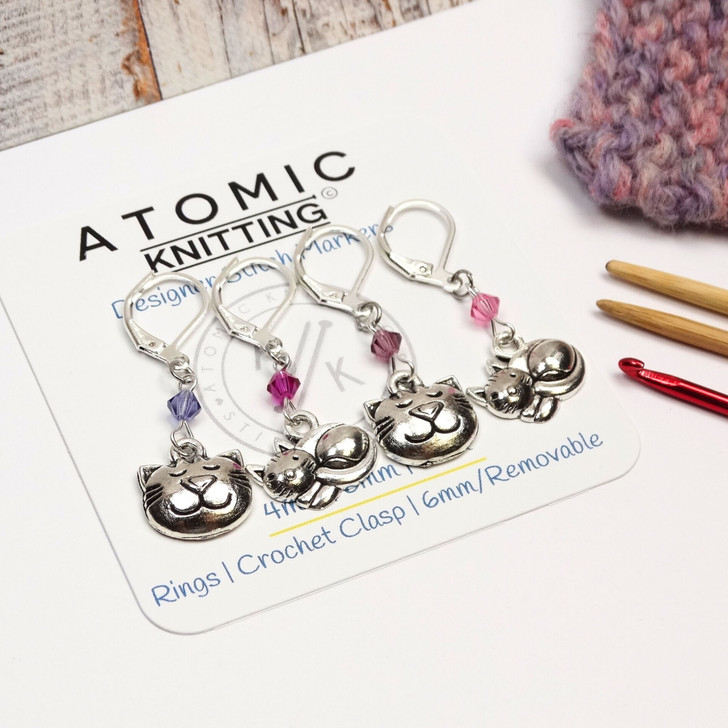 Antiqued Silver Cat Stitch Markers with Crystals - set of 4