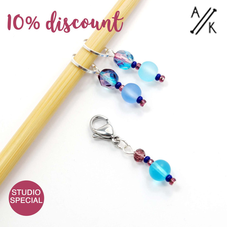 Set of 3 Azure Stitch Markers 7mm & Clip - Studio Special