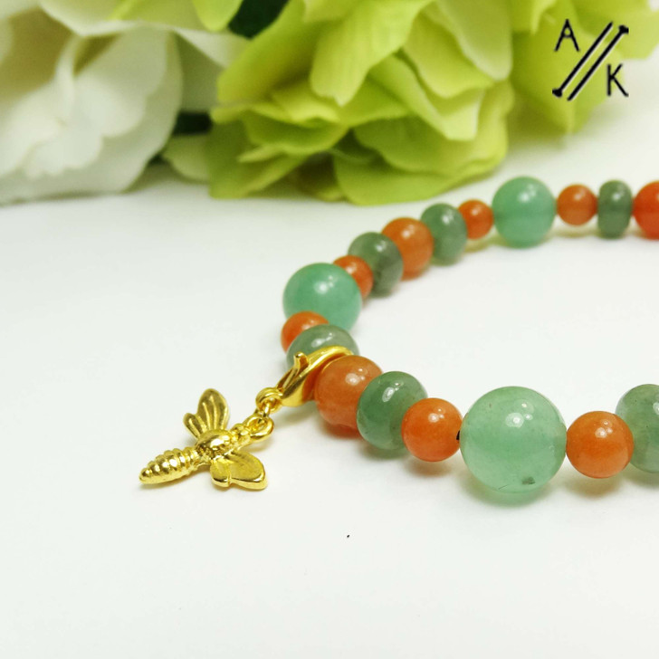 Natural Red & Green Aventurine Dragonfly Beaded Stretch Bracelet | Atomic Knitting