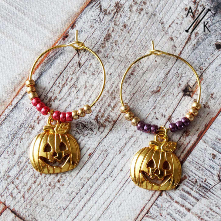 Pumpkin Halloween Golden Wine Glass Ring Charm Set of 2