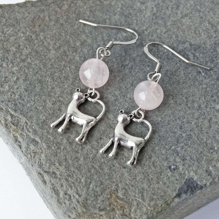Rose Quartz Gemstone & Cat Dangle Drop Earrings