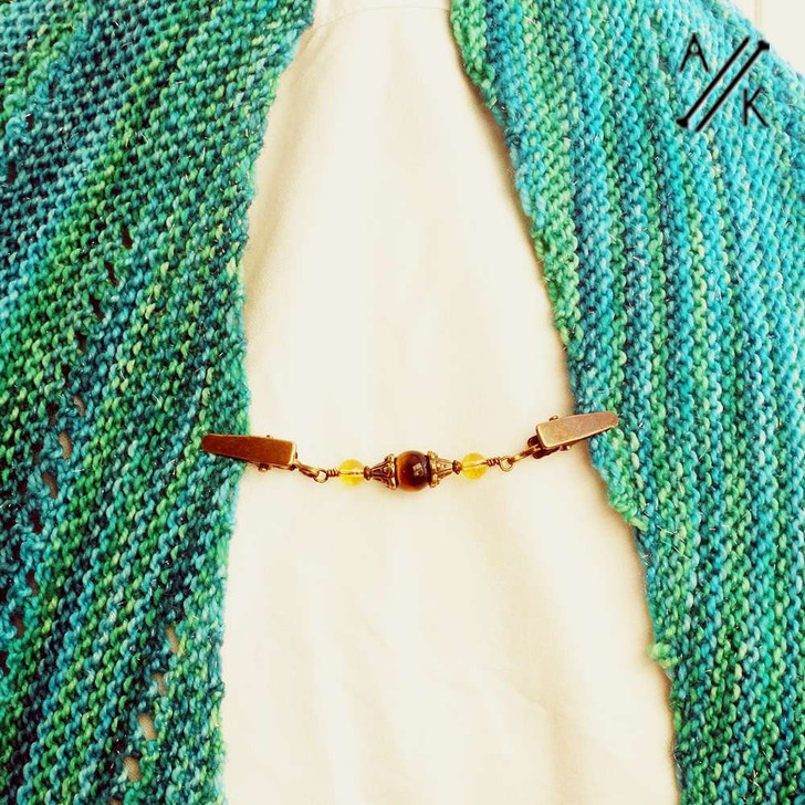 Tiger Eye & Citrine Gemstone & Antiqued Bronze Beaded Shawl/Cardigan Holder Clip Fastener - 10.5cm