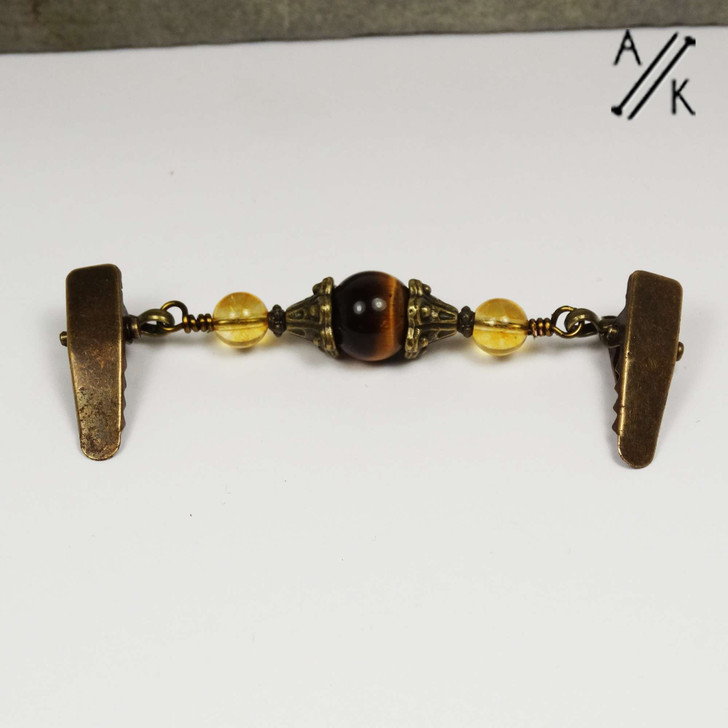 Tiger Eye & Citrine Gemstone & Antiqued Bronze Beaded Shawl/Cardigan Holder Clip Fastener - 10.5cm
