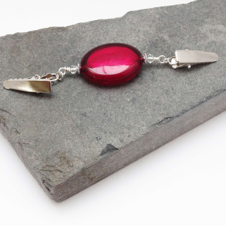 Raspberry Red Oval Beaded Shawl/Cardigan Holder Clip Fastener - 10.5cm