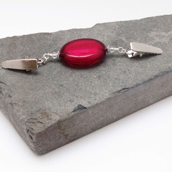 Raspberry Red Oval Beaded Shawl/Cardigan Holder Clip Fastener - 10.5cm