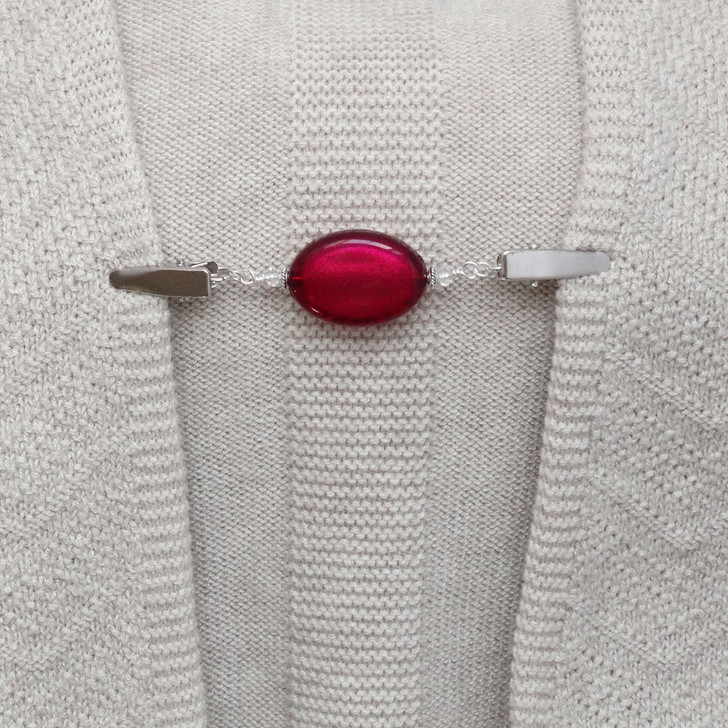 Raspberry Red Oval Beaded Shawl/Cardigan Holder Clip Fastener - 10.5cm