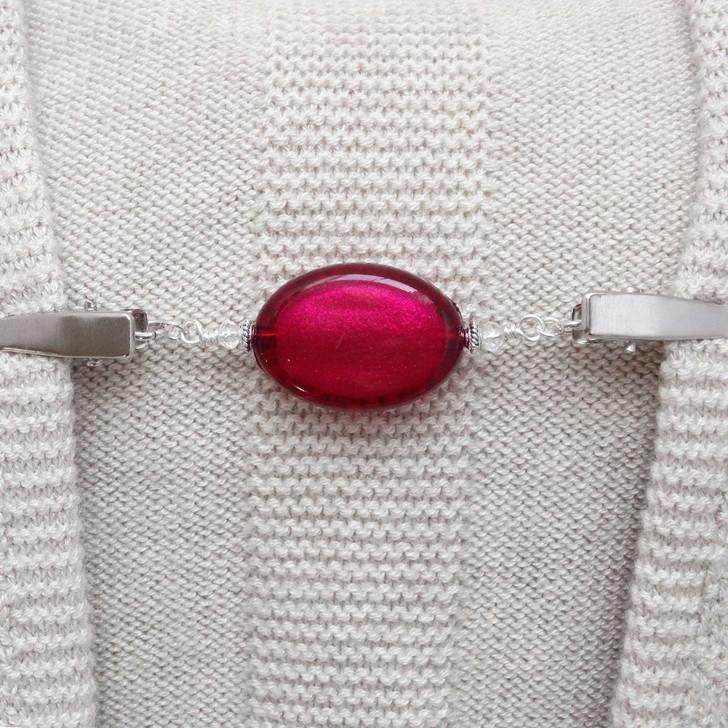 Raspberry Red Oval Beaded Shawl/Cardigan Holder Clip Fastener - 10.5cm