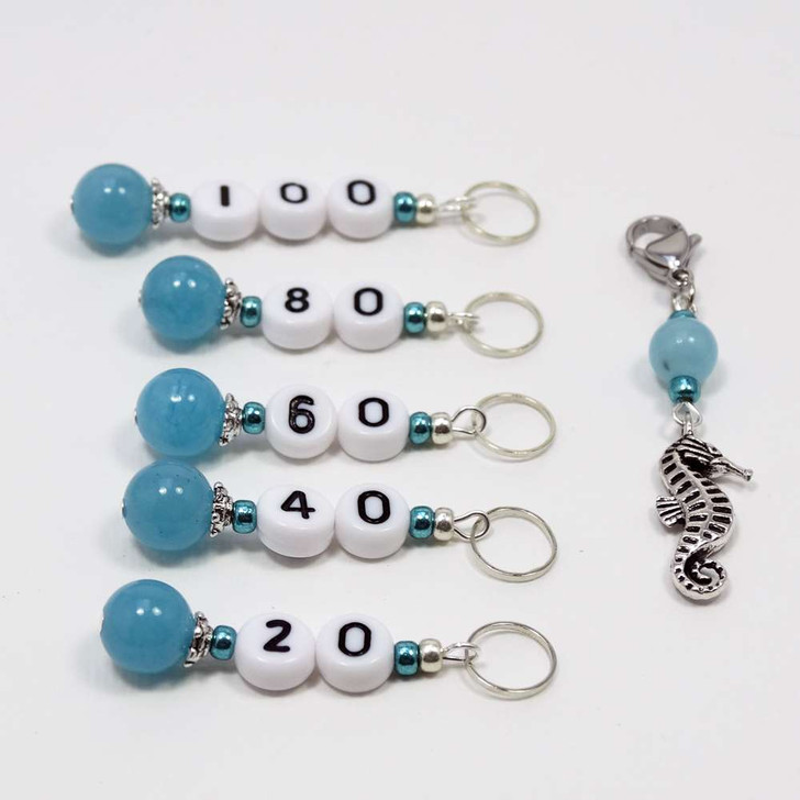Blue Quartz & Seahorse Numbered Counting Knitting Stitch Markers 20 - 120 - set of 6