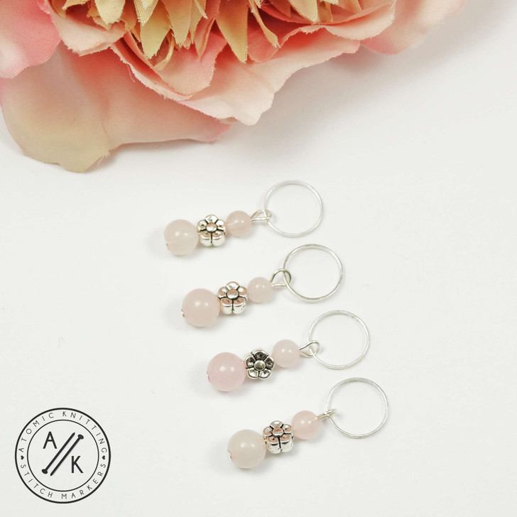 Rose Quartz & Silver Flower Knitting Crochet Stitch Markers - Set of 4