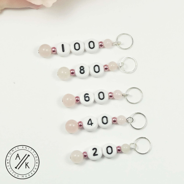 Rose Quartz Numbered Counting Knitting Stitch Markers 20 - 100 - set of 5