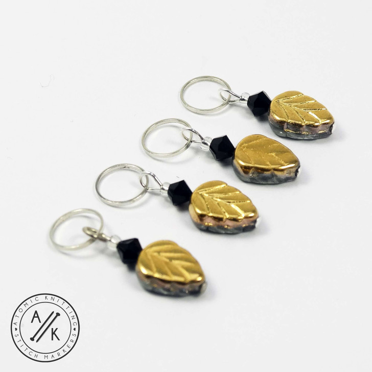 Gold & Grey Leaf Stitch Markers- set of 4