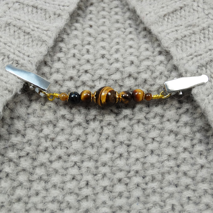 Tiger Eye Gemstone Beaded Shawl/Cardigan Holder Clip Fastener | Atomic Knitting