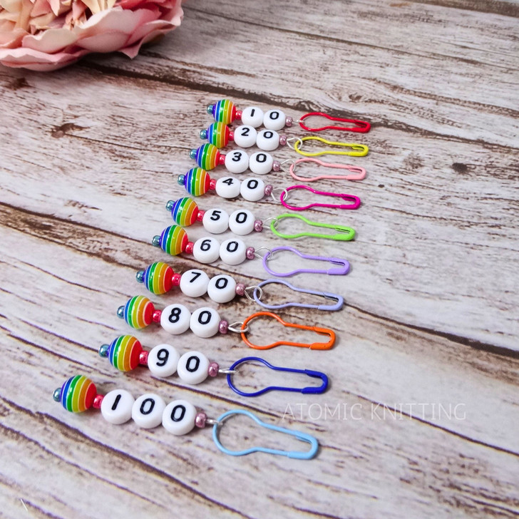 Rainbow Cast On Numbered Counting Knitting Stitch Markers - Choose your numbers