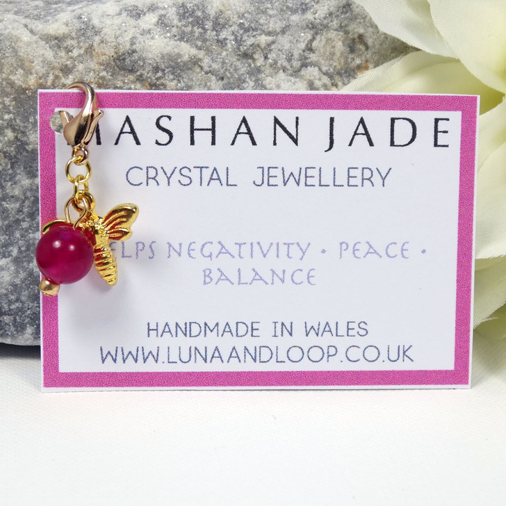 Malaysian Fuchsia Jade Crystal Dainty Charm Clip ON Row Stitch Marker with Gold Bee | Healing, Peace & Balance | Heart Chakra 