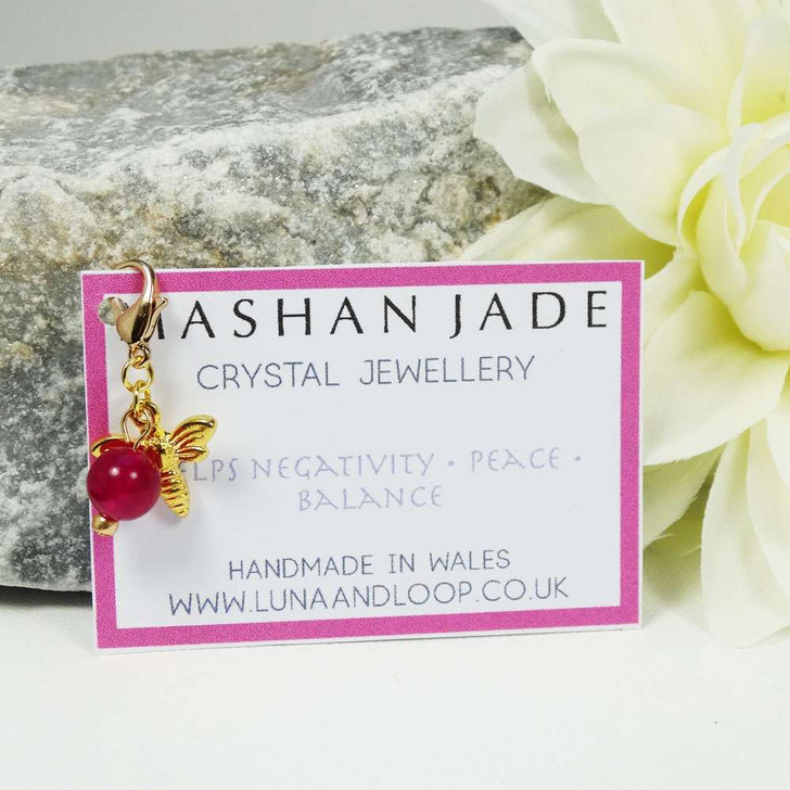 Malaysian Fuchsia Jade Clip ON Row Stitch Marker with Gold Bee
