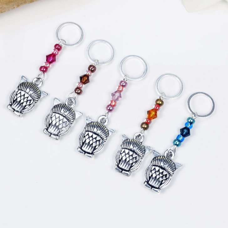 Stitch Markers Antiqued Silver Owl with crystal beads - MYM set of 5 | Atomic Knitting
