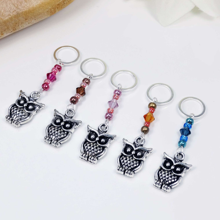 Stitch Markers Antiqued Silver Owl with crystal beads - MYM set of 5 | Atomic Knitting