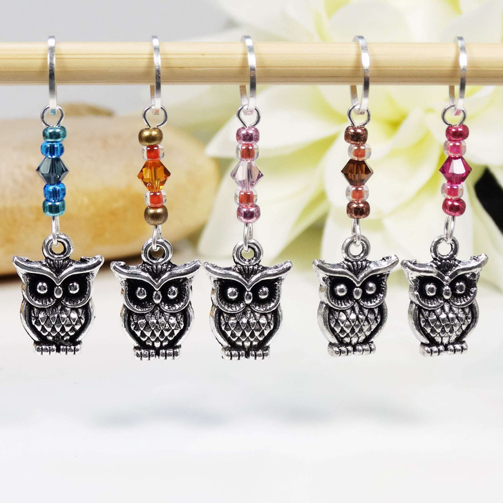Stitch Markers Antiqued Silver Owl with crystal beads - MYM set of 5 | Atomic Knitting