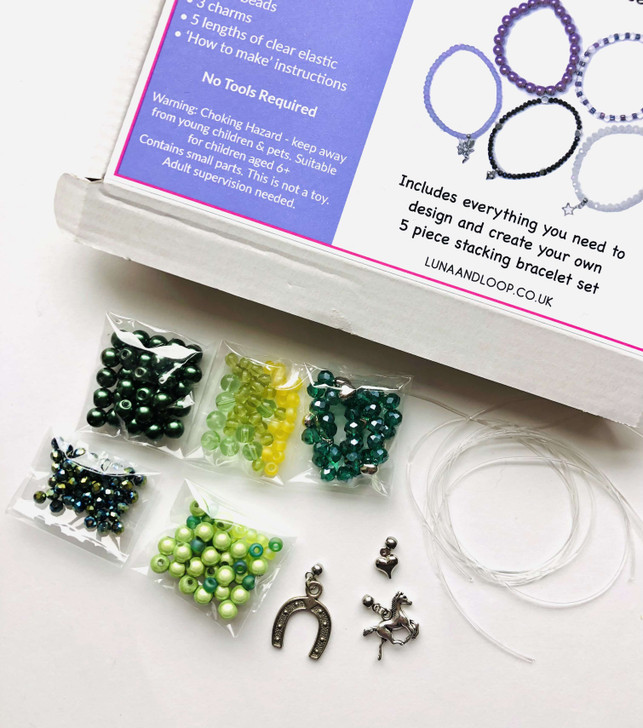 Green - Horses - Beaded Bracelet Making Kit - 5 Stacking Bracelets (Age 6+)