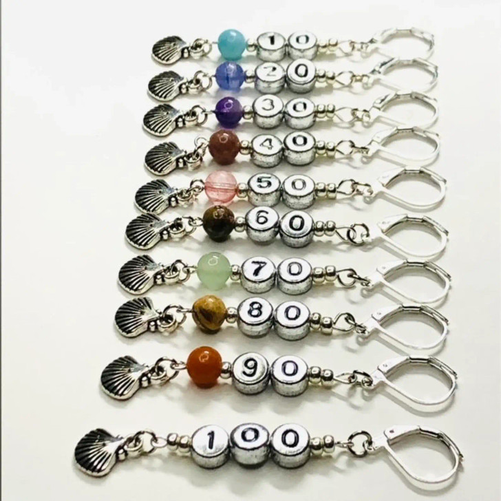 Counting Stitch Markers Gemstone & Silver Shell Knitting | Numbered Stitch Markers - MYM set of 10-100