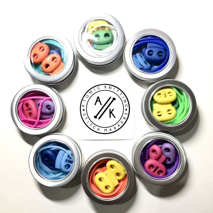 3 Stitch Keeper Holder Cords | 1 x 150cm 2 x 50cm & 4 Knitting Stitch Stoppers with Tin | CHOOSE COLOUR | Atomic Knitting