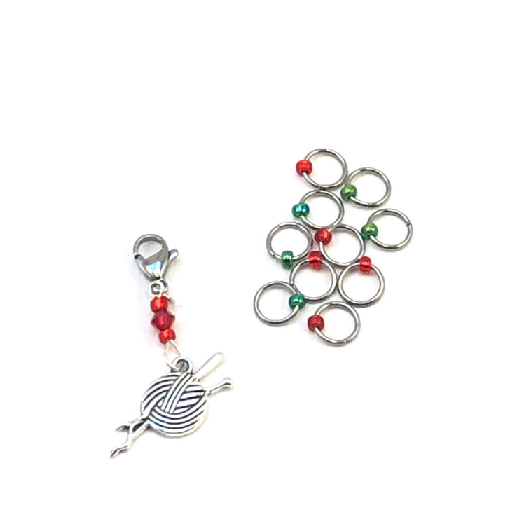 Green/Red Dual Increase & Decrease Stitch Markers with Clip On Removable Progress Marker - 4mm - Set of 11