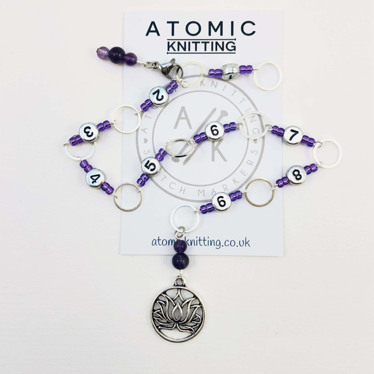 Row Counter - Amethyst & Lotus Flower Numbered 99 Row Chain Counter for Knitting- SIZE 4mm OR 7mm | Atomic Knitting
