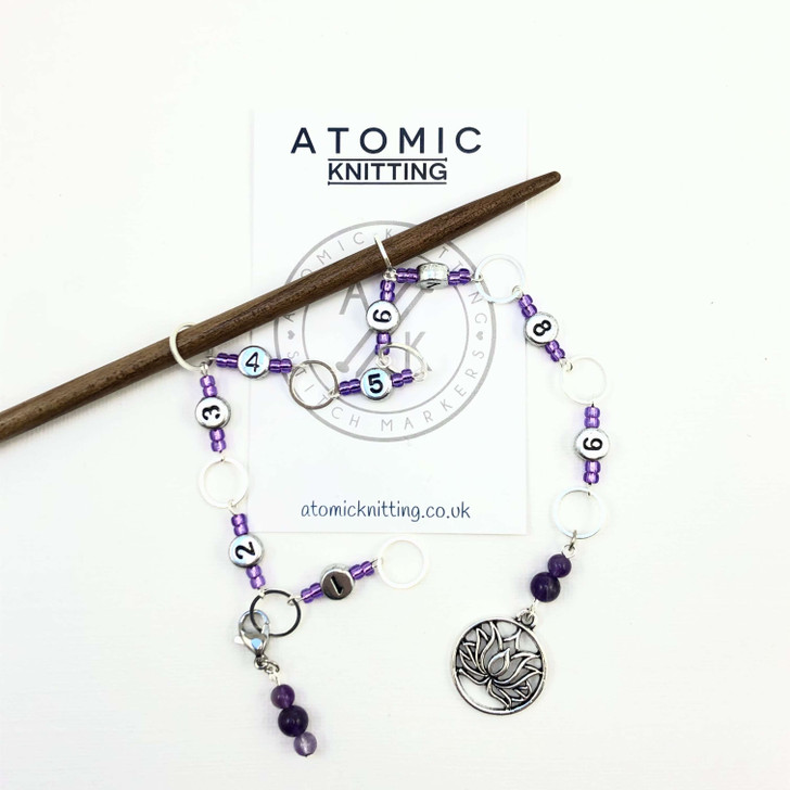 Row Counter - Amethyst & Lotus Flower Numbered 99 Row Chain Counter for Knitting- SIZE 4mm OR 7mm | Atomic Knitting
