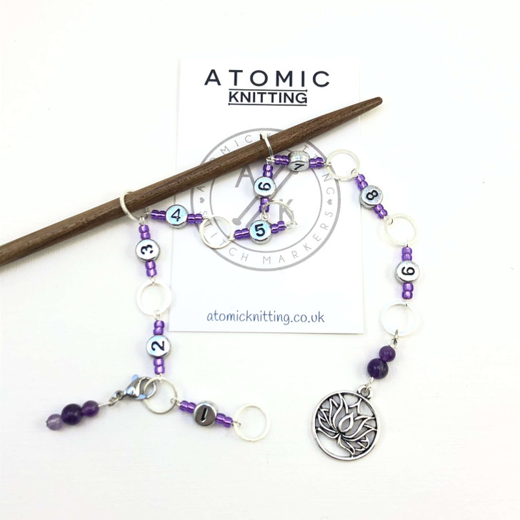 Row Counter - Amethyst & Lotus Flower Numbered 99 Row Chain Counter for Knitting- SIZE 4mm OR 7mm | Atomic Knitting