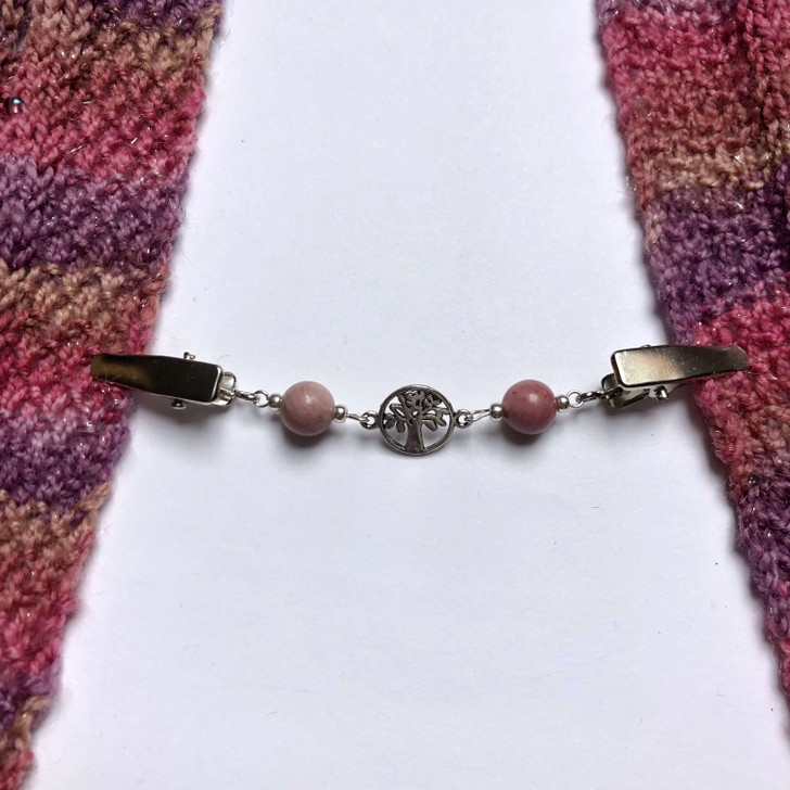 Rhodanite Gemstone & Silver Tree Beaded Shawl/Cardigan Holder Clip Fastener - 11cm